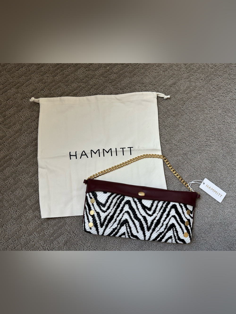 Hammitt Invitation Clutch Zebra Raffia Oxblood Leather Gold Chain New With Tags - Picture 3 of 15